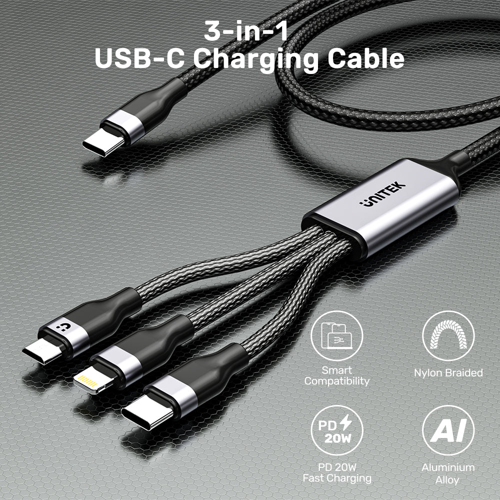 3-in-1 USB-C - Lightning / USB-C / Micro USB マルチ充電ケーブル (ブラック)