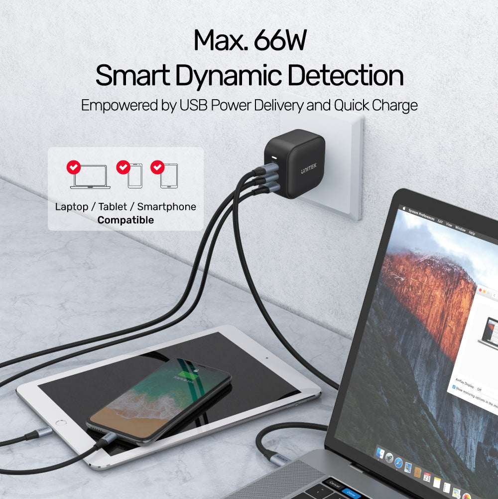 TRAVEL TRI GaN 3포트 66W 충전기 USB PD 및 QC 3.0 블랙(여행용 충전기)