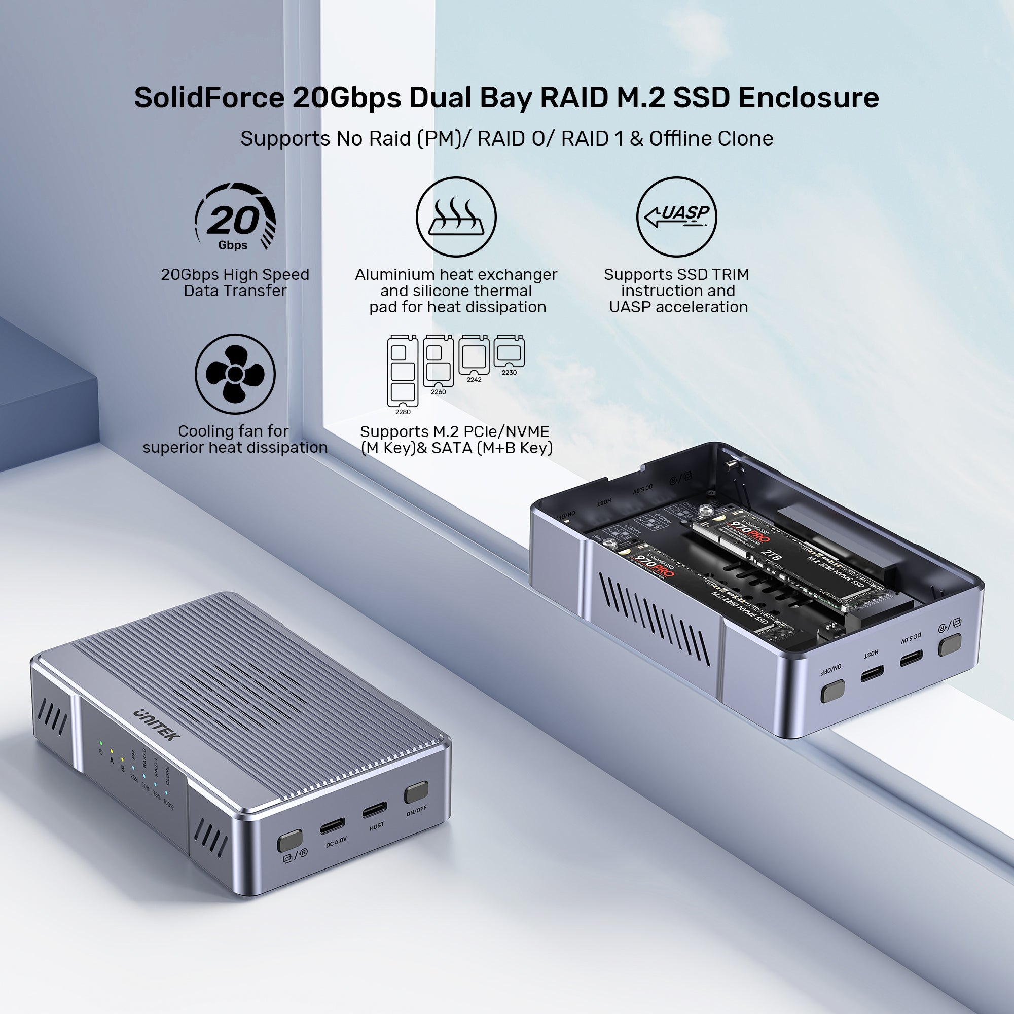 SolidForce 20Gbps Dual Bay RAID M.2 SSD Enclosure