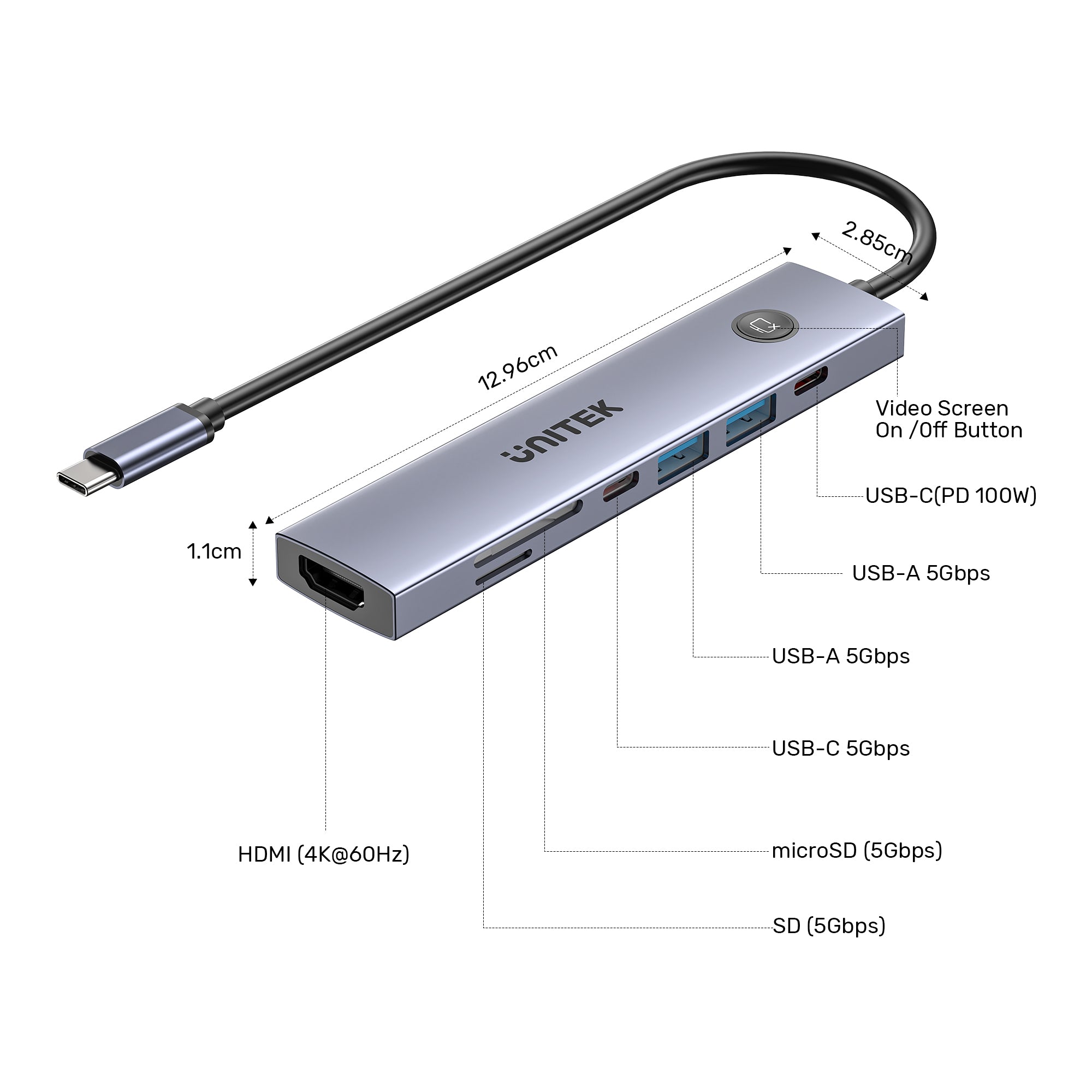 uHUB S7 Pro 7-in-1 5Gbps USB-C Hub with Screen On/Off button
