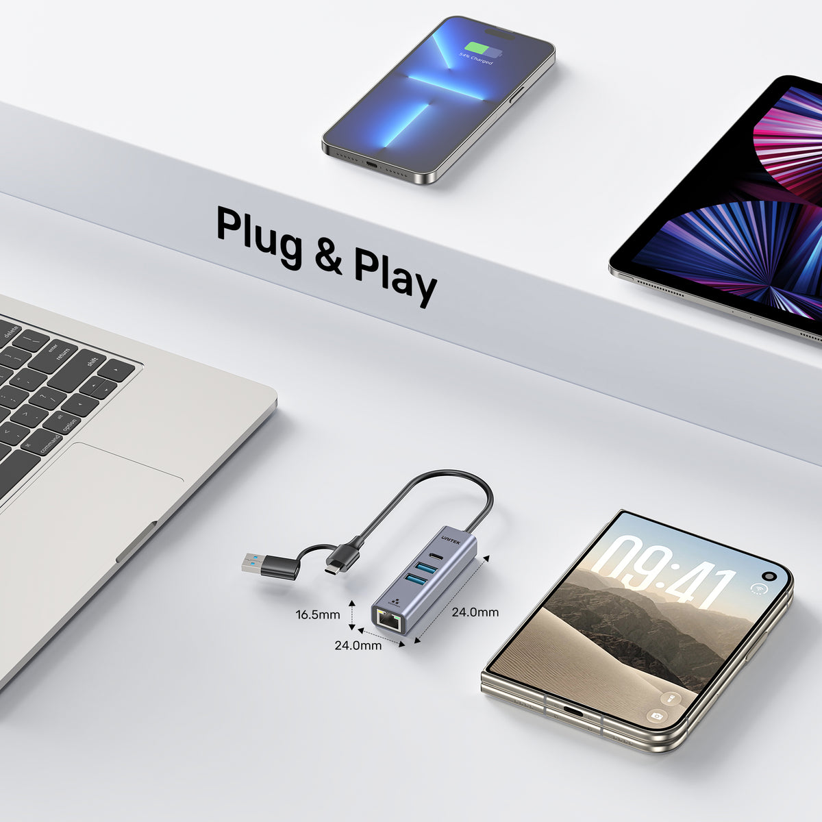 uHUB Q4+ Ethernet Hub (2x USB-A, 1x USB-C Port)