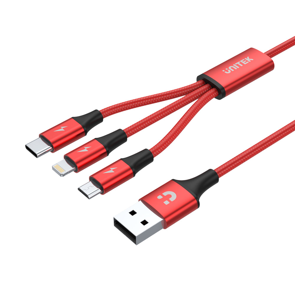 Cable 3 en 1, USB a LIGHTNING / micro USB / USB C