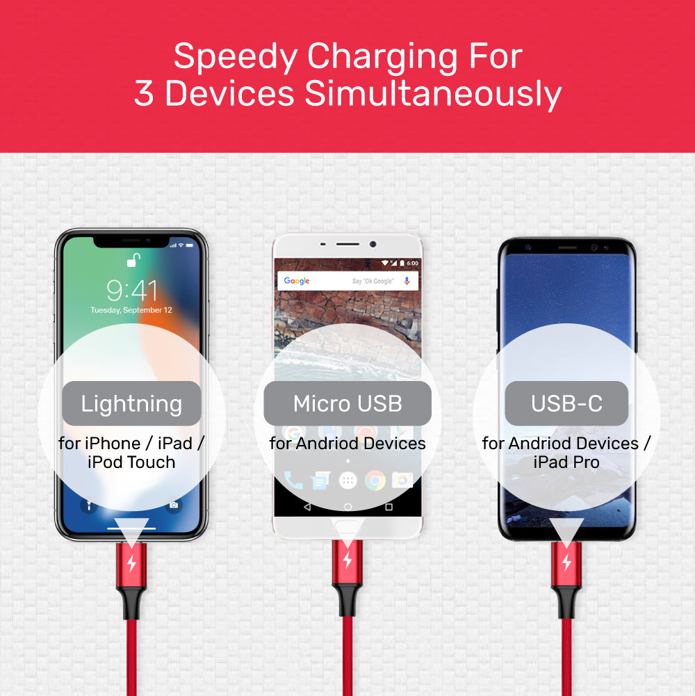 3-in-1 USB-A to USB-C / Micro USB / Lightning Multi Charging Cable (Red Edition)