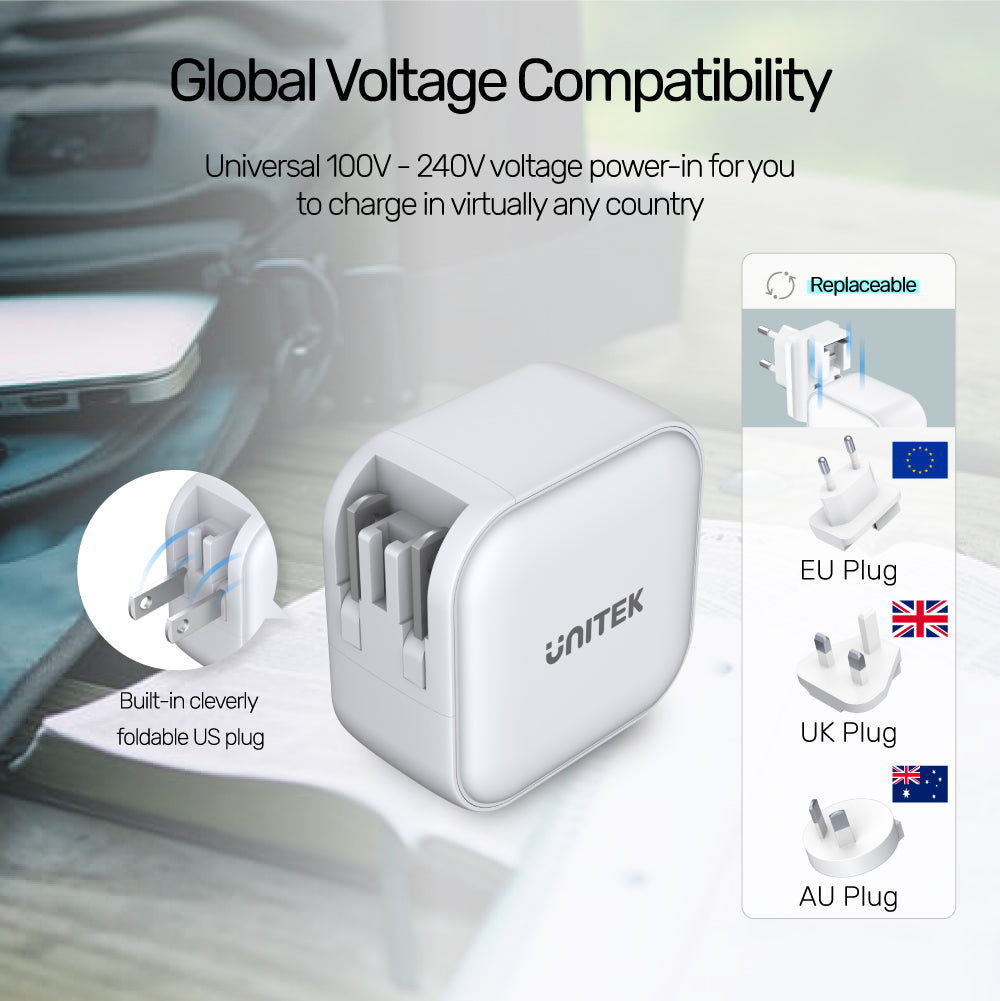 TRAVEL TRI GaN 3 Ports 66W Charger with USB PD and QC 3.0 in White (Travel Charger)