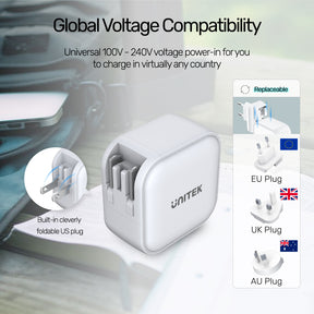 TRAVEL TRI GaN 3 Ports 66W Charger with USB PD and QC 3.0 in White (Travel Charger)