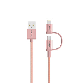 2-in-1 USB 2.0 to Micro USB Multi Charging Cable with Lightning Adapter in Rose Gold