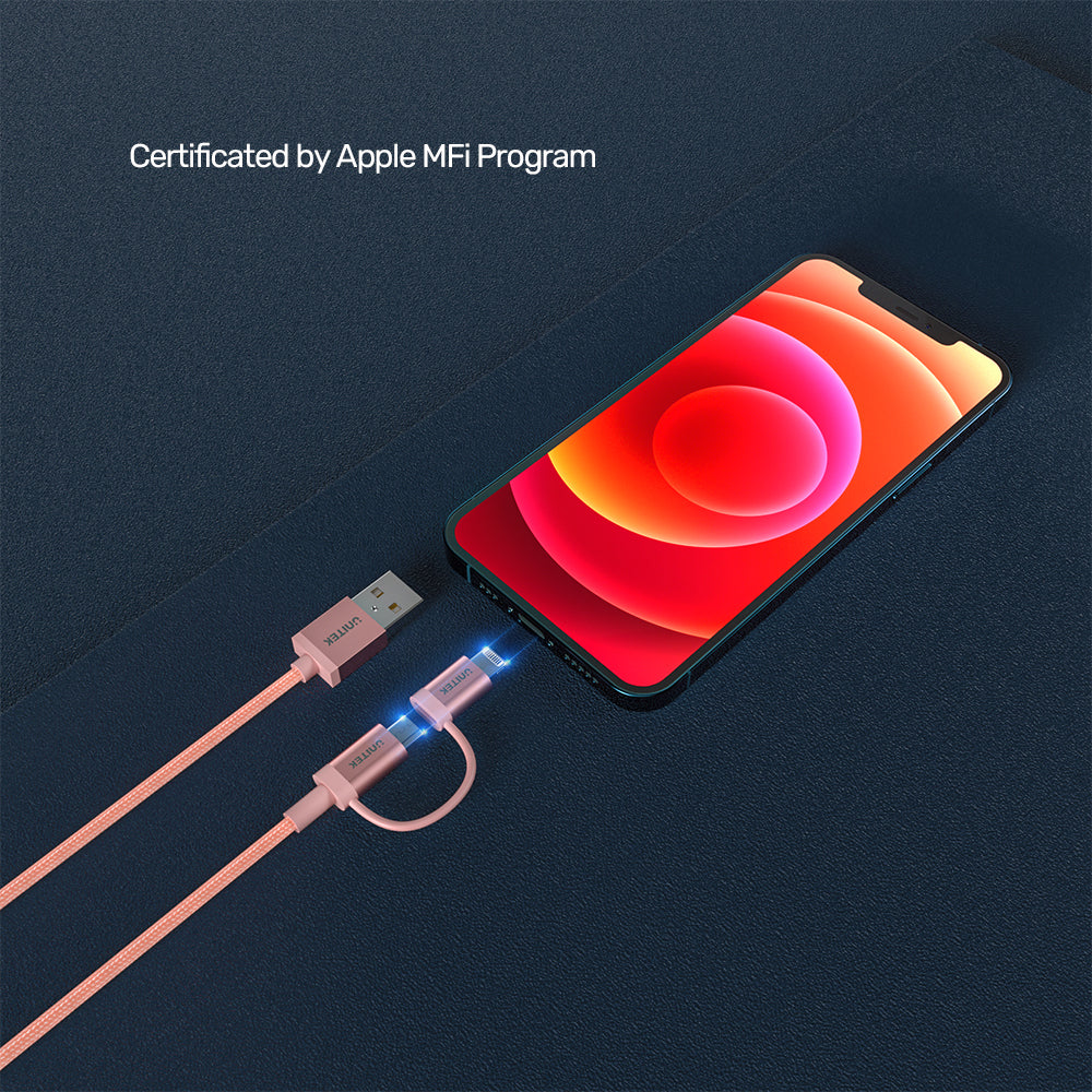 2-in-1 USB 2.0 to Micro USB Multi Charging Cable with Lightning Adapter in Rose Gold
