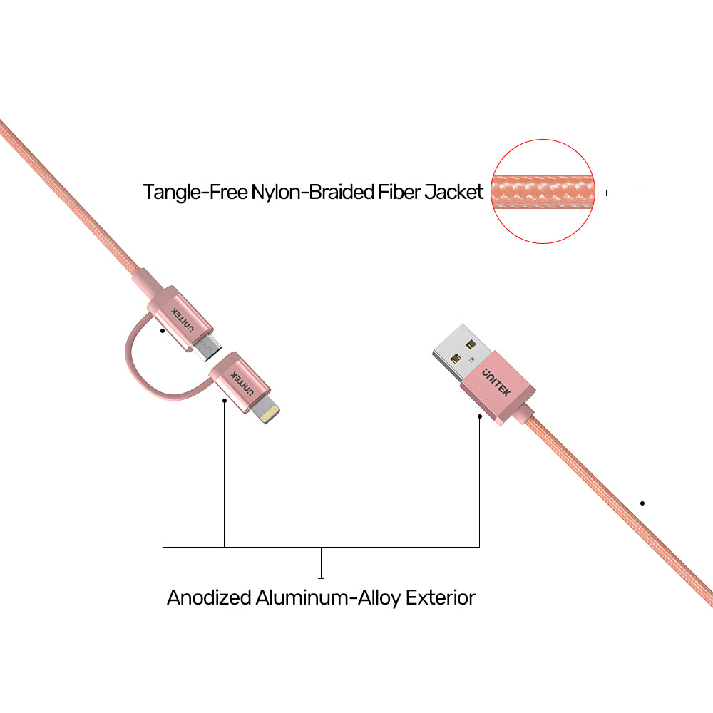 2-in-1 USB 2.0 to Micro USB Multi Charging Cable with Lightning Adapter in Rose Gold