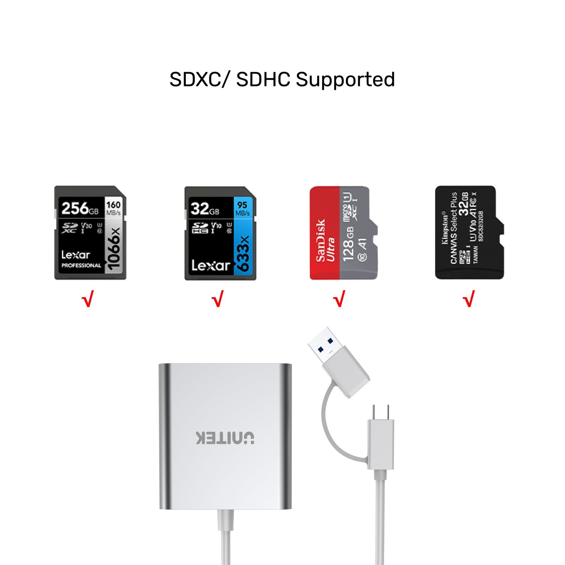 USB C Lecteur de Carte SD-Micro SD,Unitek 3-en-1 Type C Lecteur de