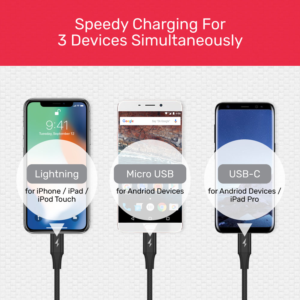3-in-1 USB-A to USB-C / Micro USB / Lightning Multi Charging Cable