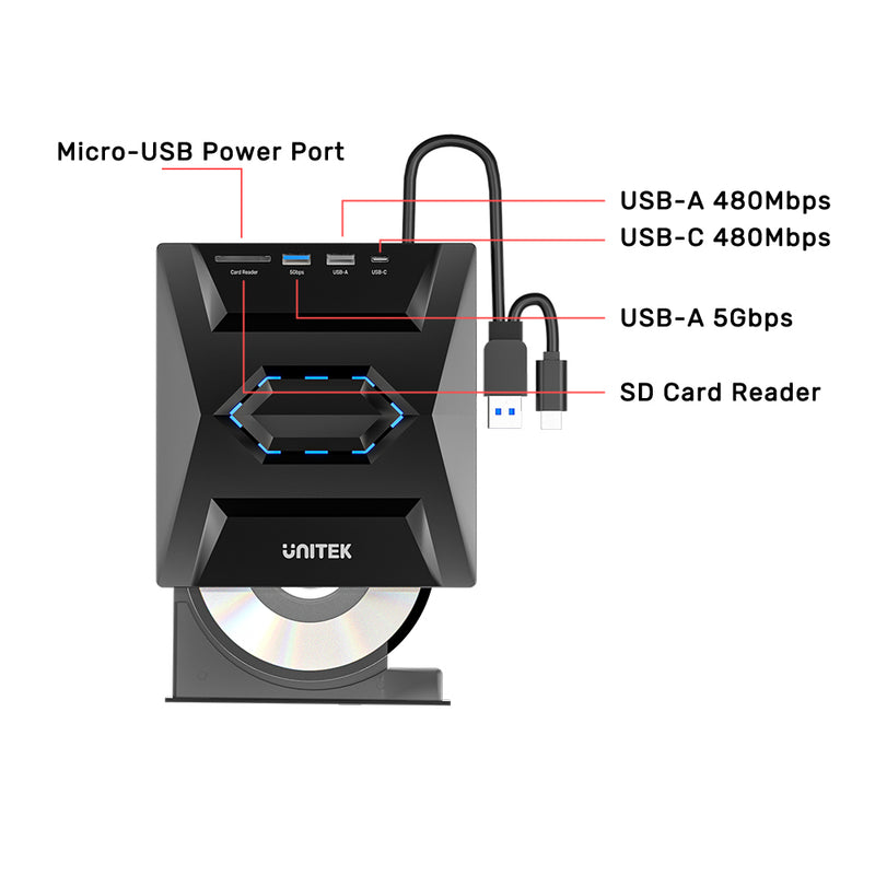 5-in-1 External Optical Drive with USB Hub | UNITEK