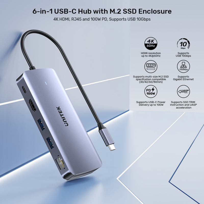 6-in-1 USB-C Hub with M.2 SSD Enclosure | UNITEK