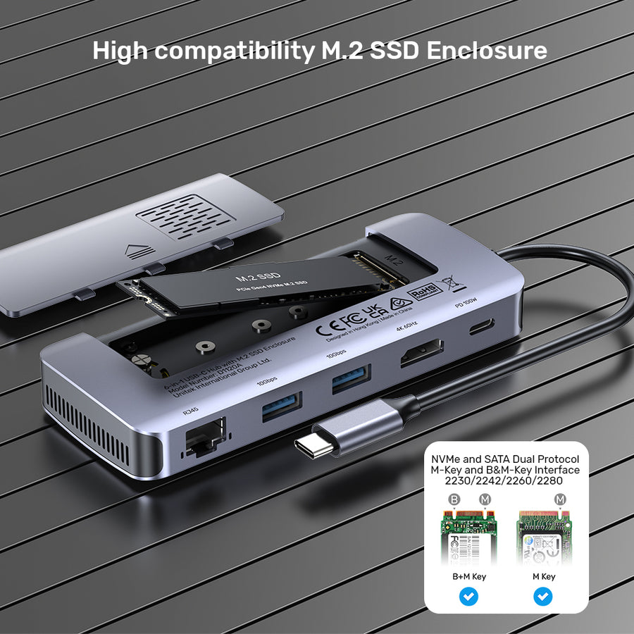 Hub M 6-in-1 USB-C Hub with M.2 SSD Enclosure | UNITEK
