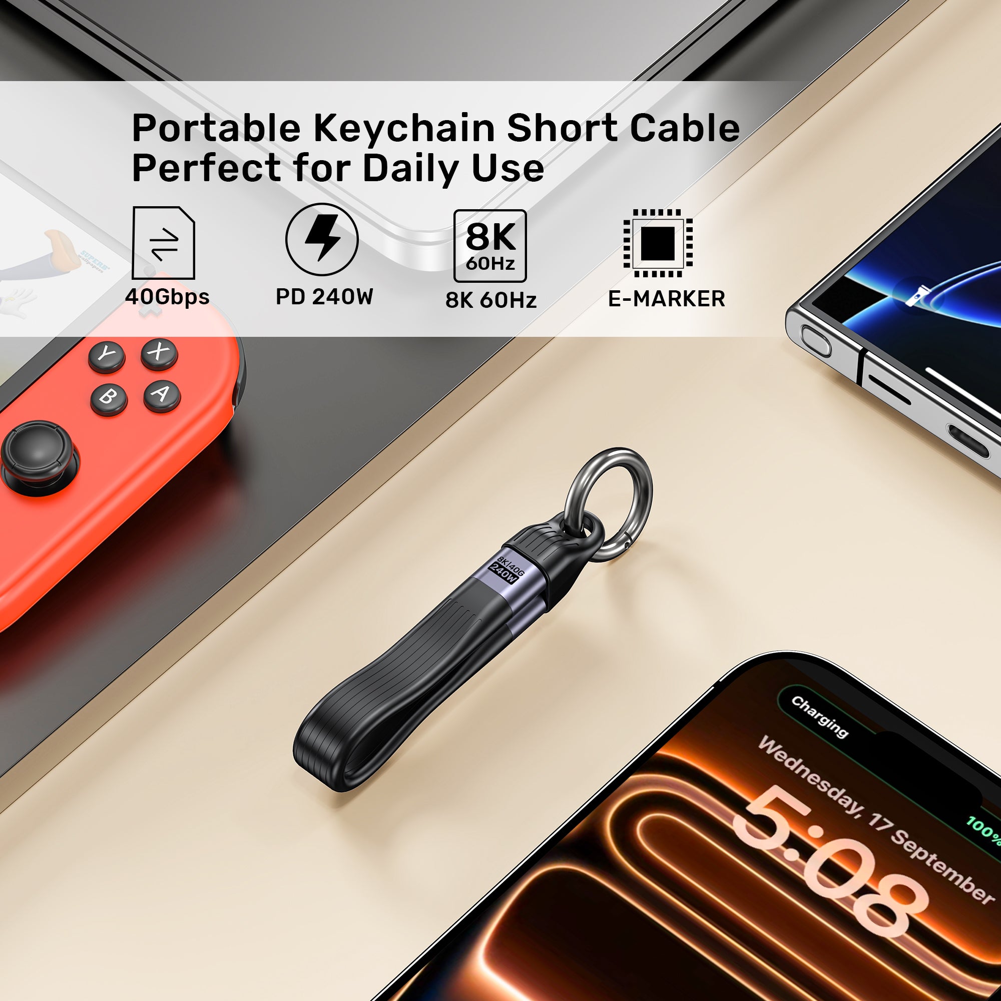 Full-Featured USB4 Keychain Cable with 240W PD