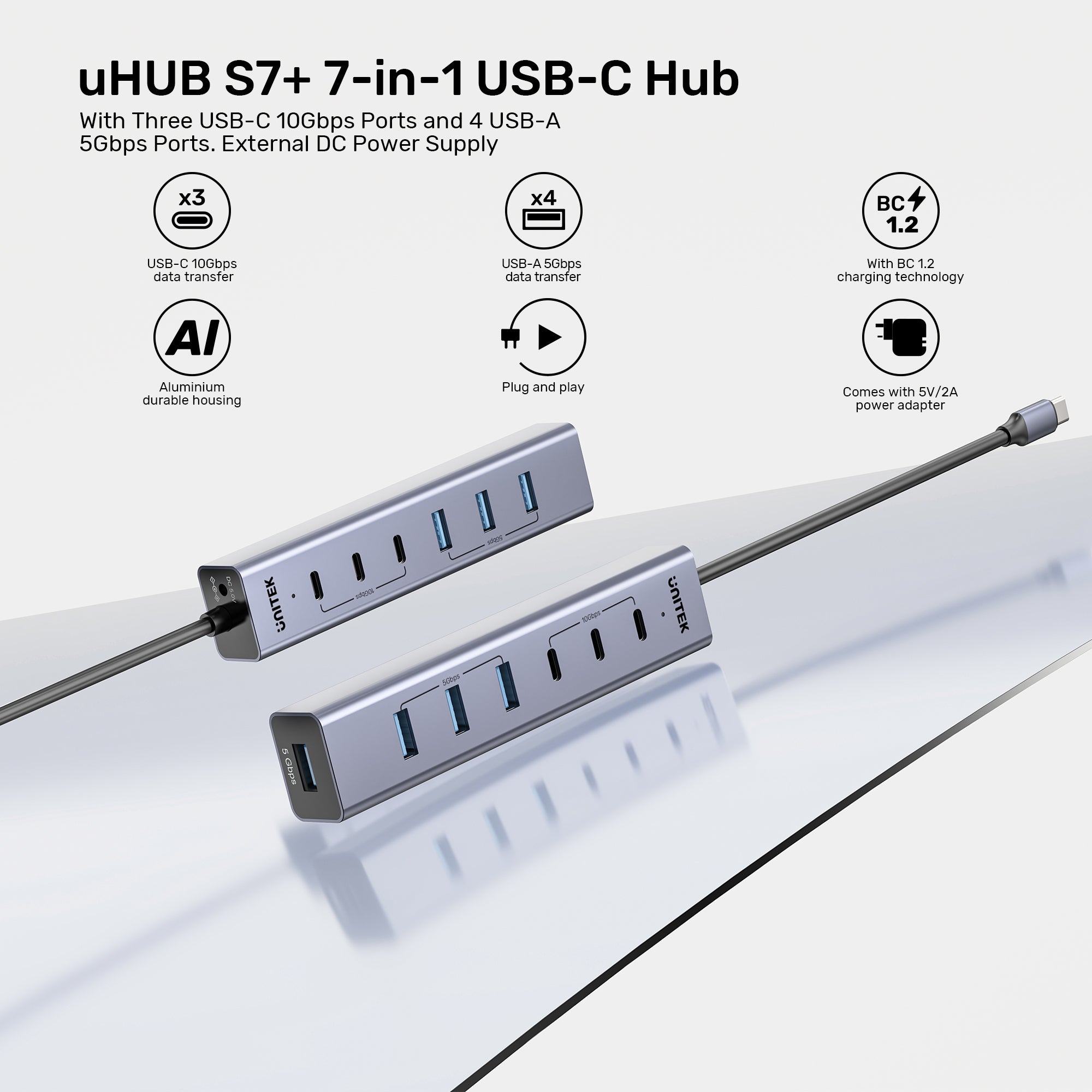 uHUB S7+ 7-in-1 USB-C Hub With 3 USB-C 10Gbps Ports and 4 USB-A 5 Gbps Ports