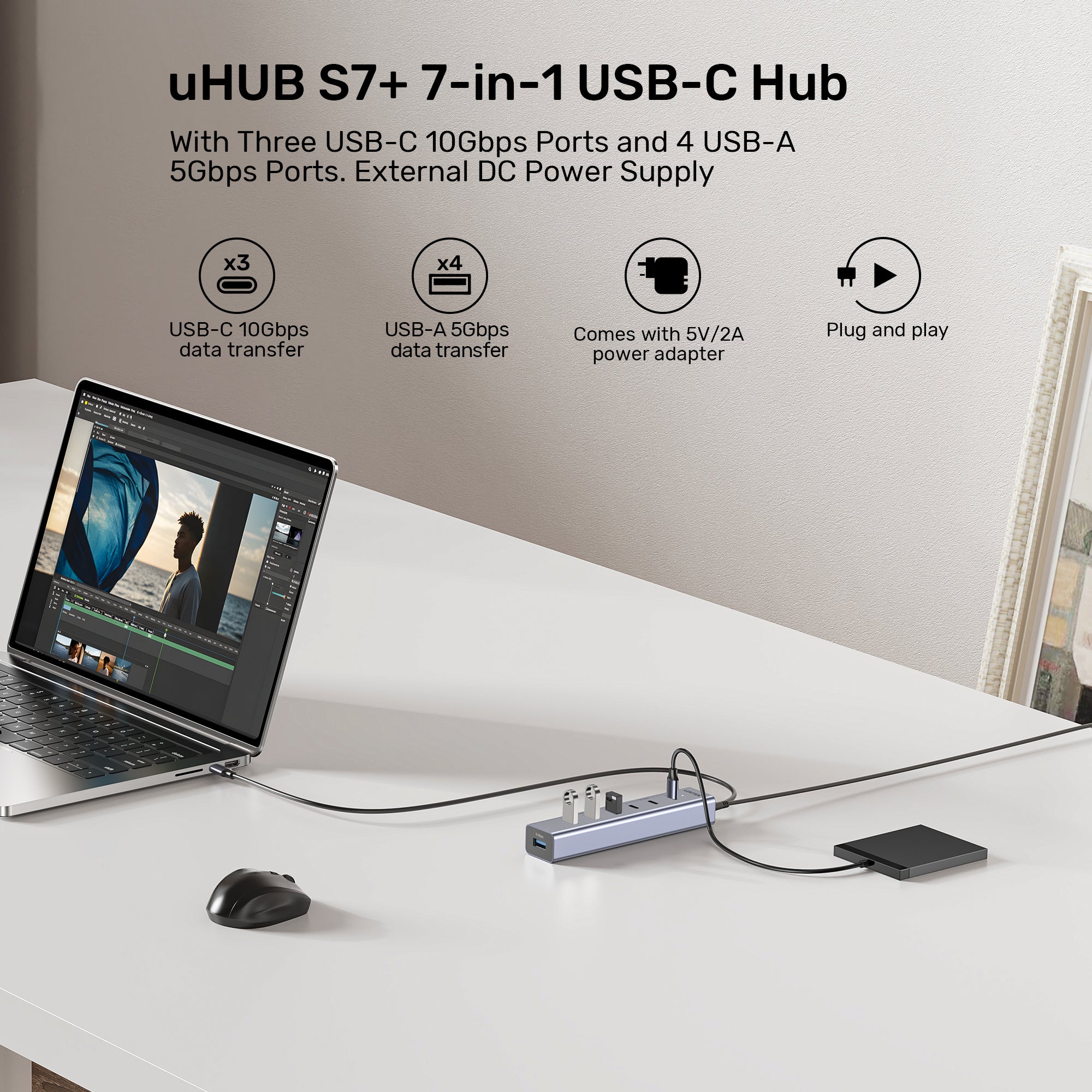 uHUB S7+ 7-in-1 USB-C Hub With 3 USB-C 10Gbps Ports and 4 USB-A 5 Gbps Ports