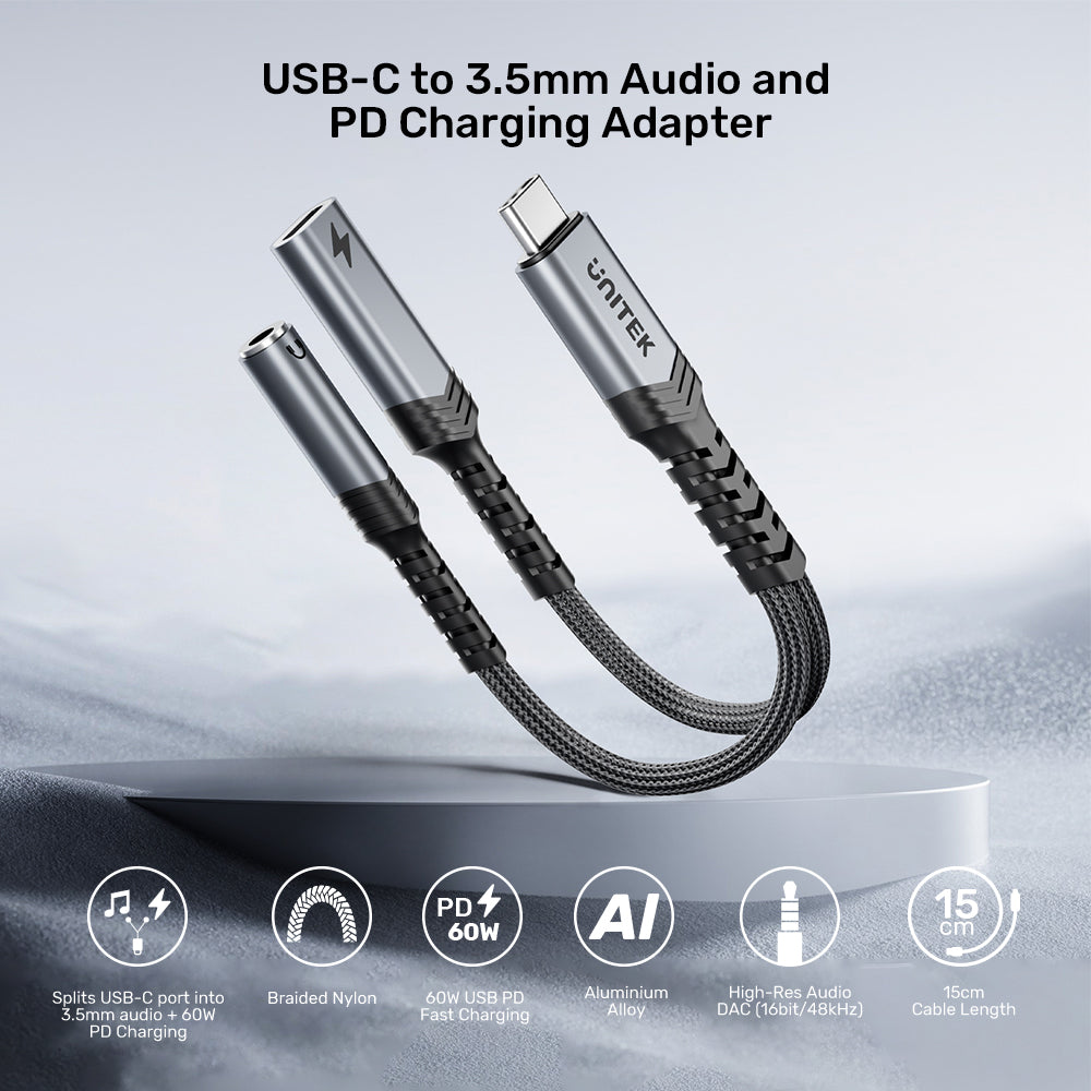 USB-C to 3.5mm Audio and PD Charging Adapter