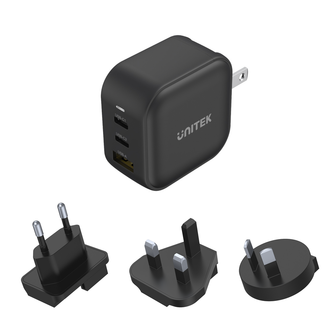 TRAVEL TRI GaN 66W 3-Port Charger, USB PD & QC3.0, Black | UNITEK