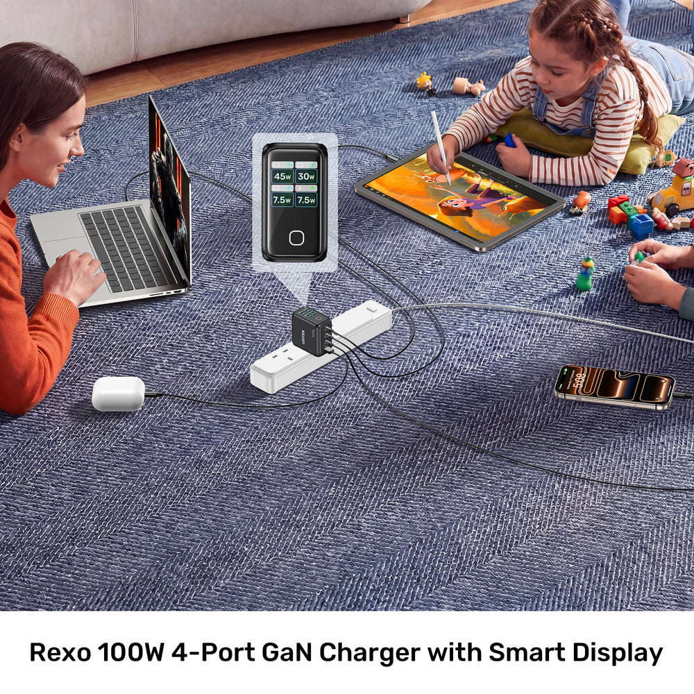 Rexo 100W 4-Port GaN Charger with Smart Display | UNITEK