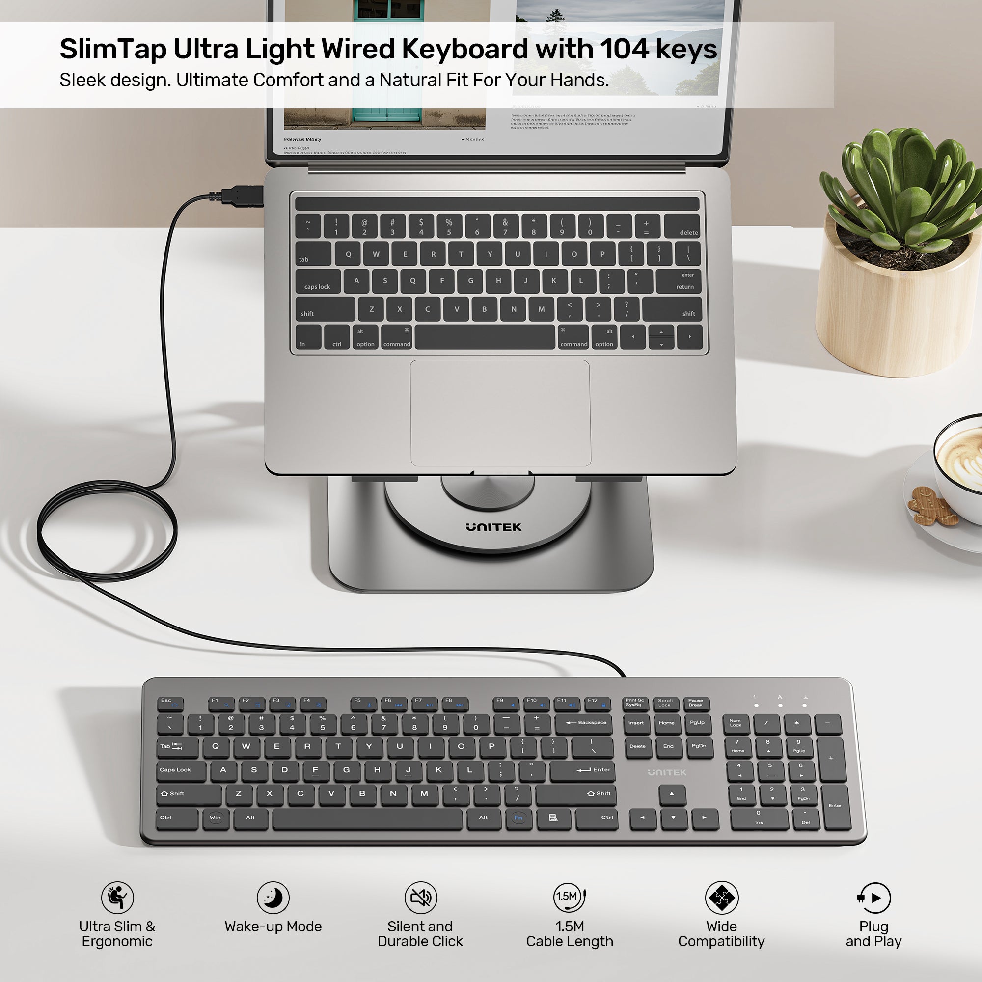 SlimTap Ultra Light Wired Keyboard with 104 keys