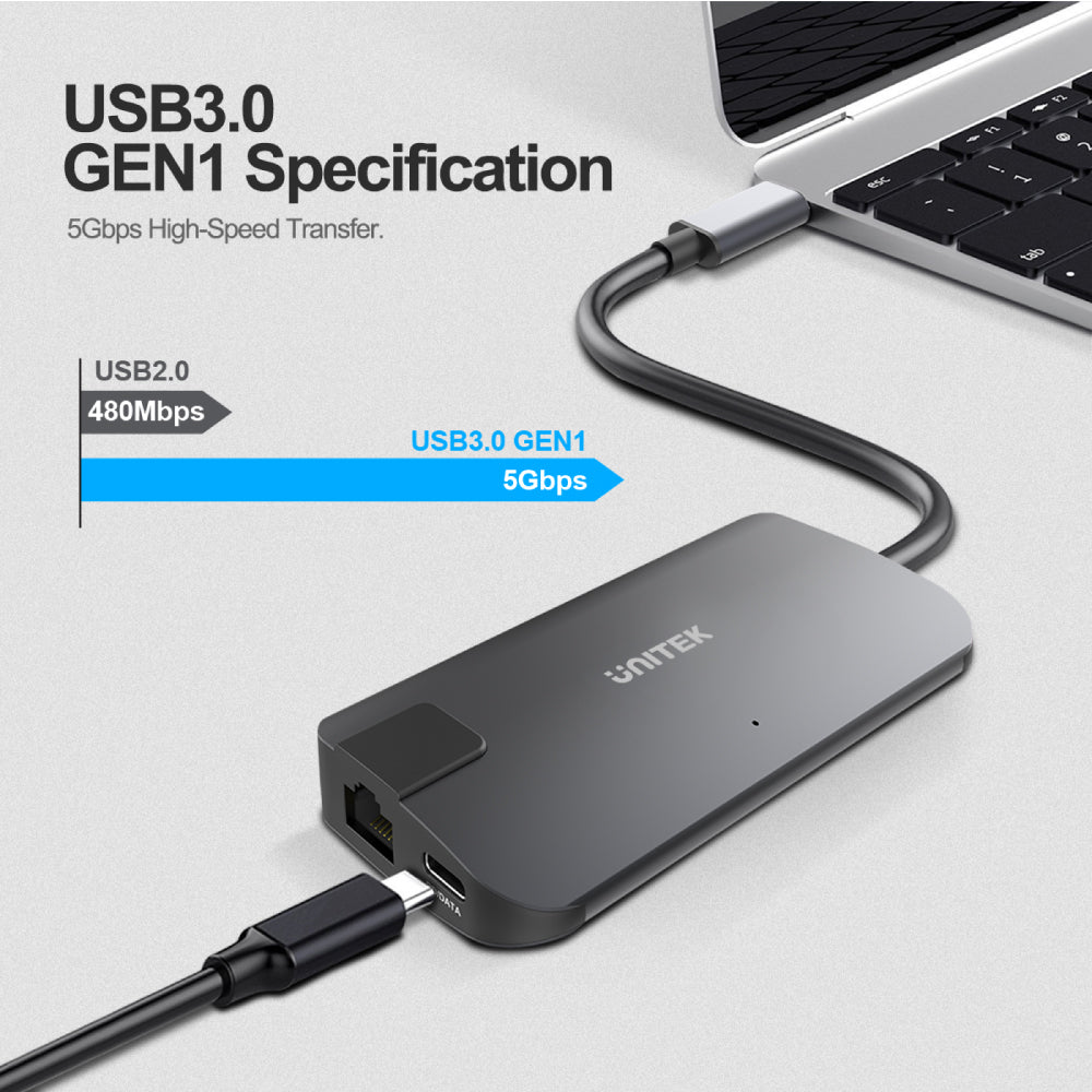5-in-1 USB-C イーサネット ハブ、デュアル モニターと 60W の電力供給