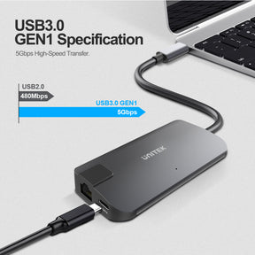 5-in-1 USB-C イーサネット ハブ、デュアル モニターと 60W の電力供給