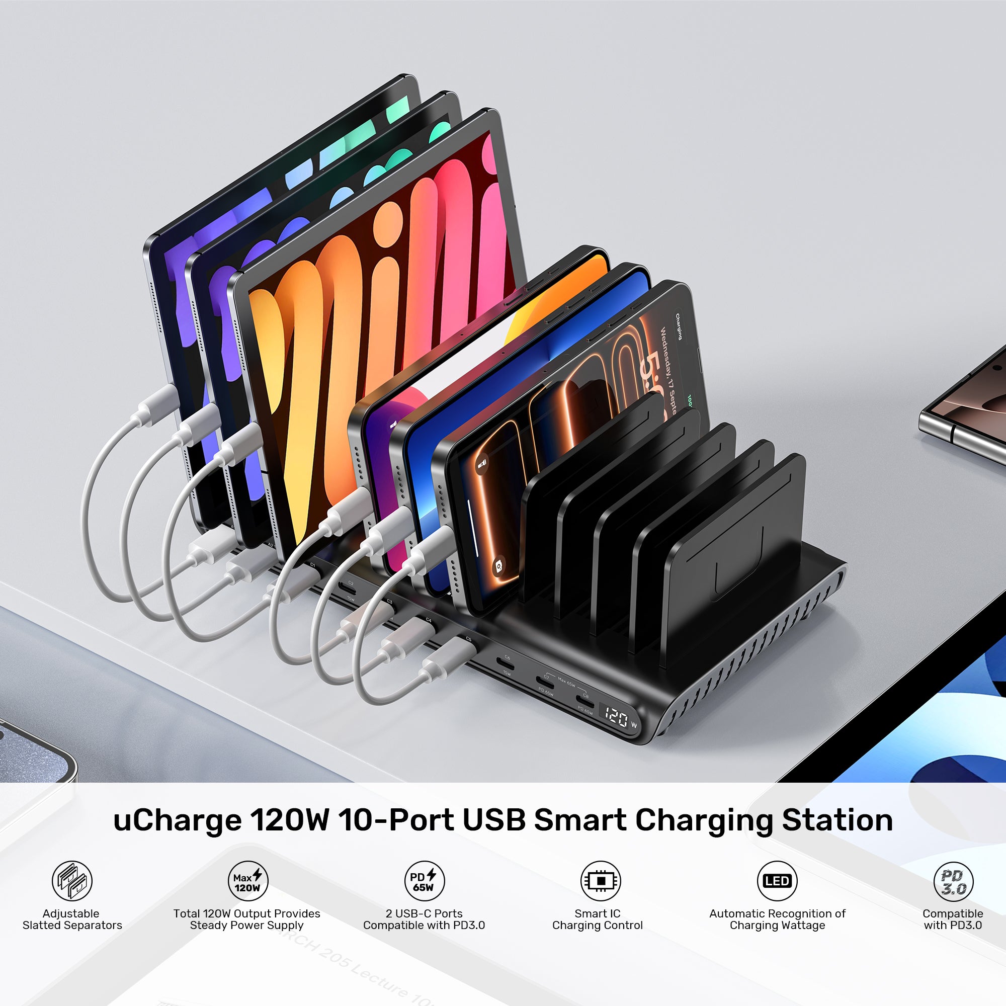 uCharge 120W 10-Port USB Smart Charging Station | UNITEK