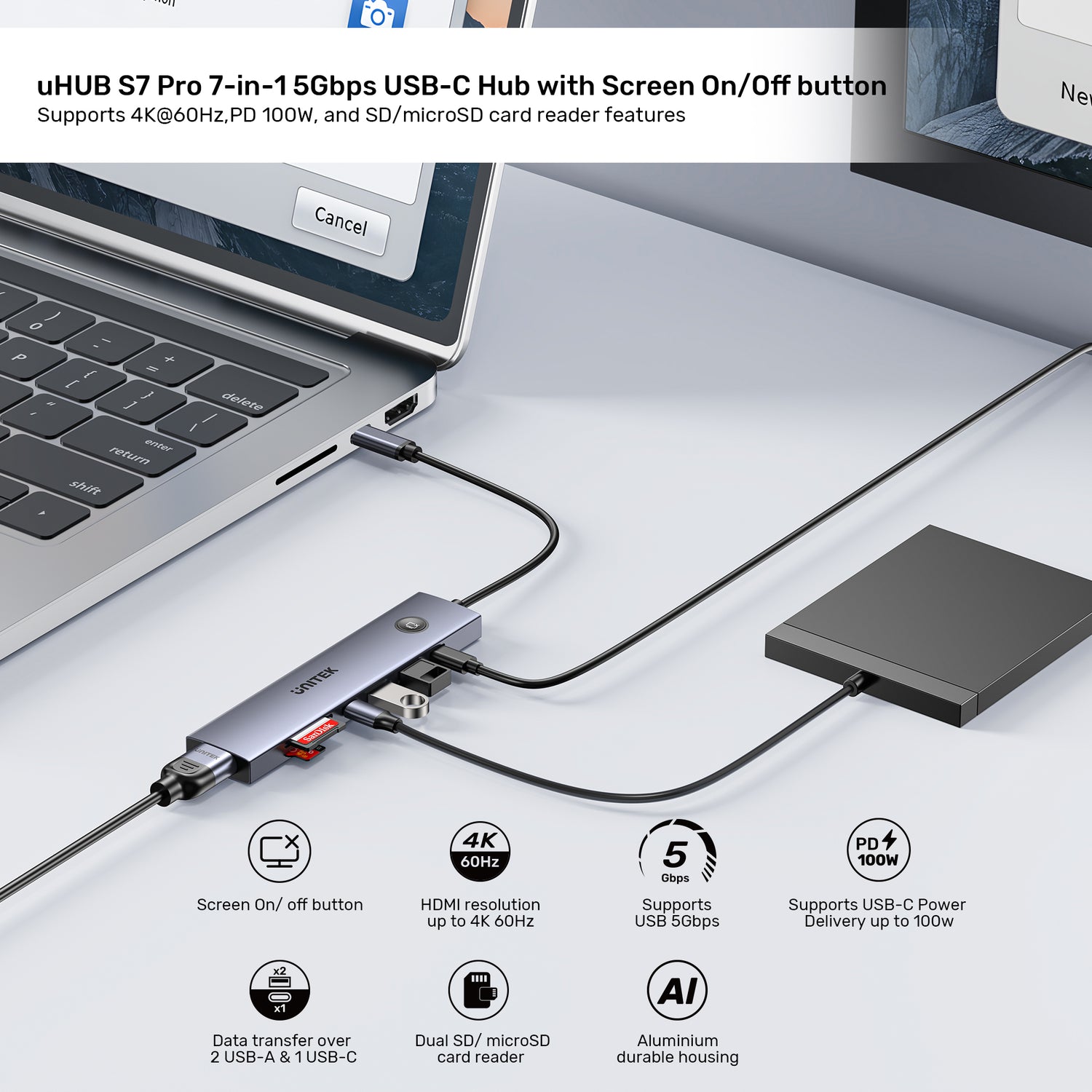 uHUB S7 Pro 7-in-1 5Gbps USB-C Hub with Screen On/Off button | UNITEK