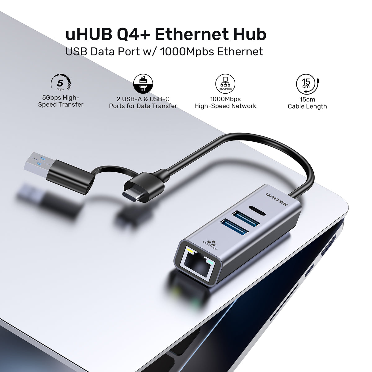 uHUB Q4+ Ethernet Hub (2x USB-A, 1x USB-C Port)