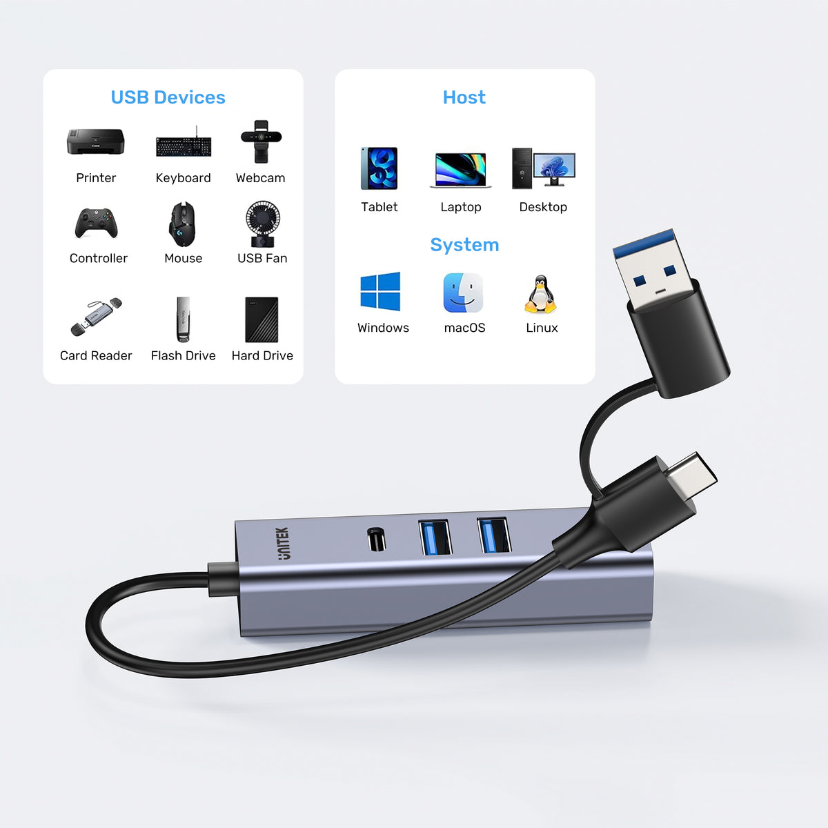 uHUB Q4+ Ethernet Hub (2x USB-A, 1x USB-C Port)