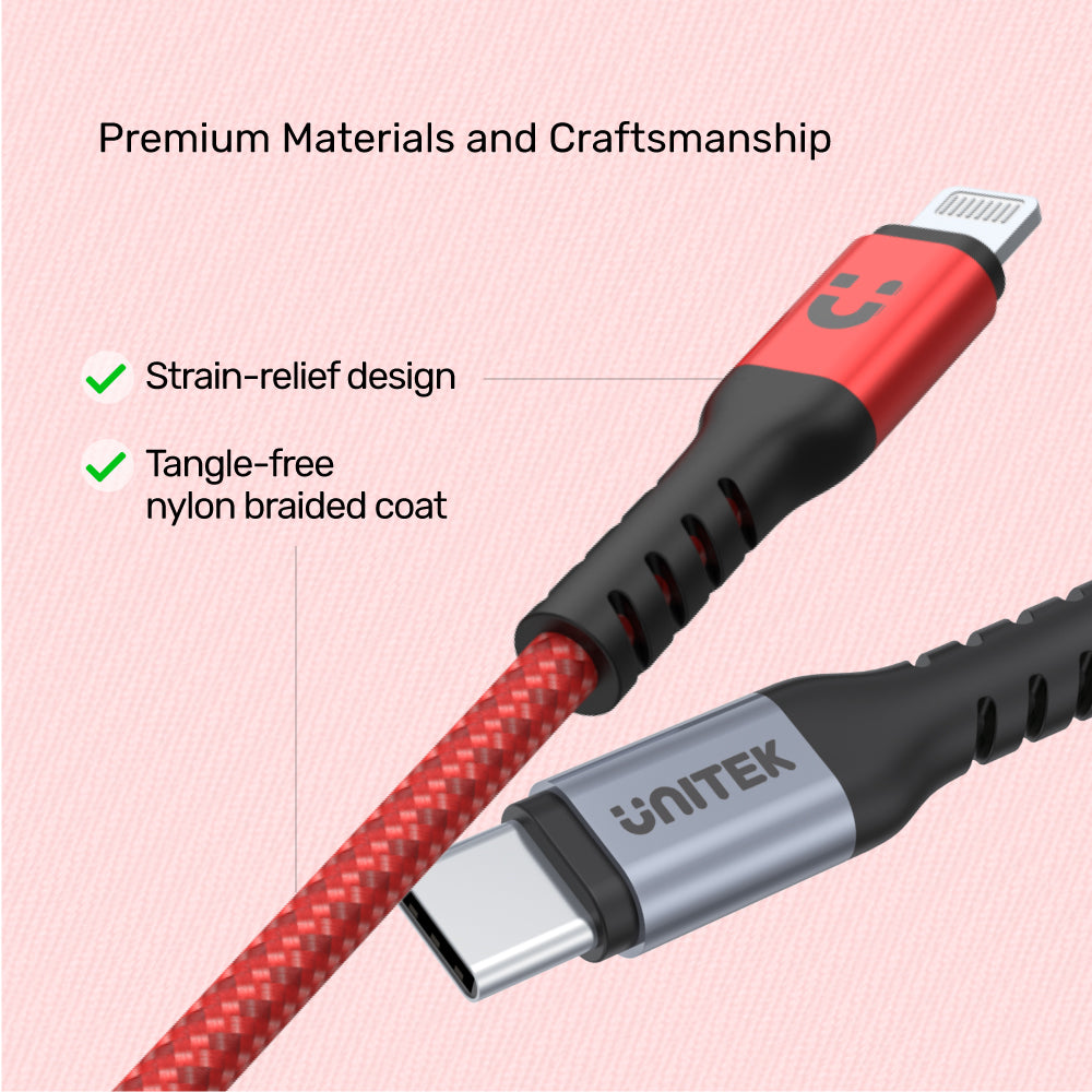 MFi Certified USB-C to Lightning 20W PD Fast Charging Cable with Data Syncing (Red Edition)