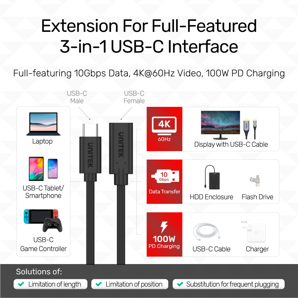 Full-Featured USB-C Extension Cable with 4K@60Hz, 100W Power Delivery and 10Gbps Data (USB 3.2 Gen2)