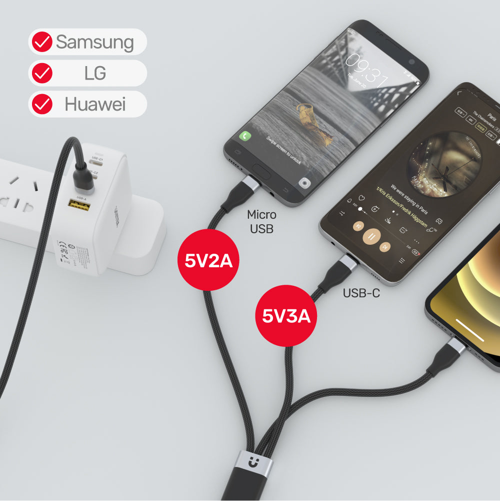 3-in-1 USB-C-Lightning/USB-C/Micro USB 멀티 충전 케이블(블랙)