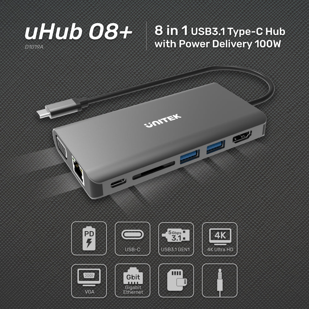 uHUB O8+ 8-in-1 USB-C Dual Display Hub with USB 5Gbps and PD 100W Charging