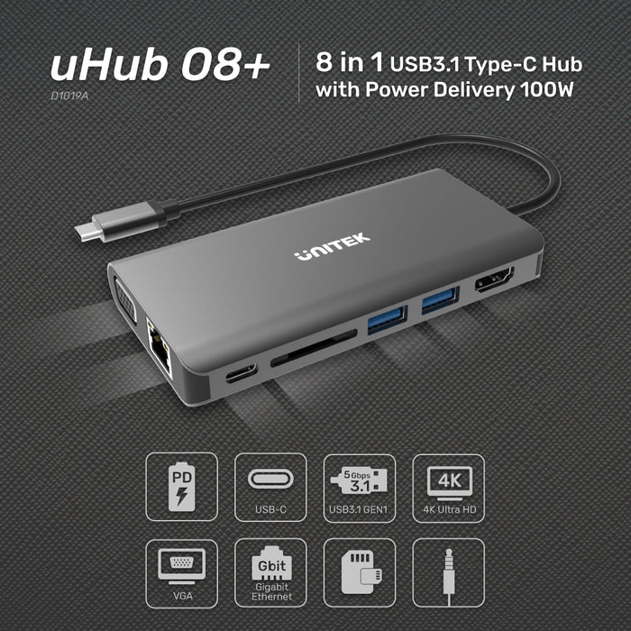 uHUB O8+ 8-in-1 USB-C Dual Display Hub with USB 5Gbps and PD 100W Char