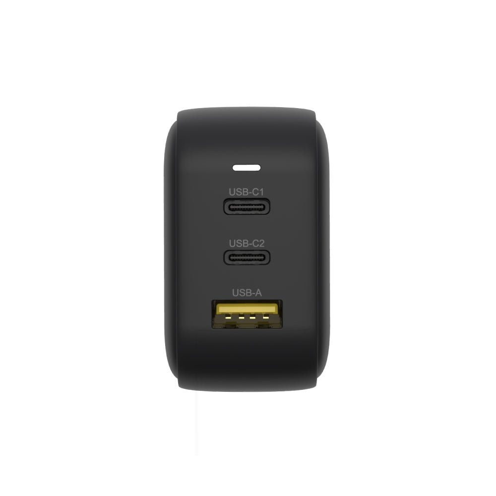 TRAVEL TRI GaN 3 Ports 66W Charger with USB PD and QC 3.0 in Black
