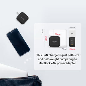 TRAVEL TRI GaN 3 Ports 66W Charger with USB PD and QC 3.0 in Black