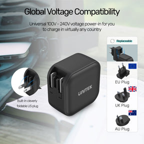 TRAVEL TRI GaN 3 Ports 66W Charger with USB PD and QC 3.0 in Black (Travel Charger)