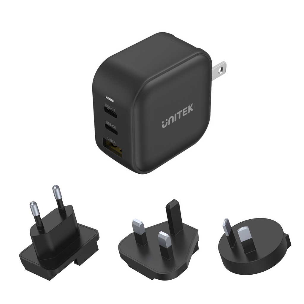 TRAVEL TRI GaN 3 Ports 66W Charger with USB PD and QC 3.0 in Black (Travel Charger)