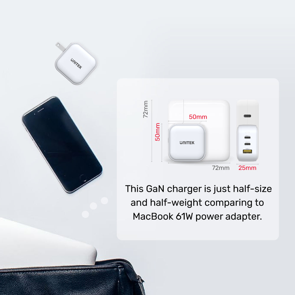 TRAVEL TRI GaN 3 Ports 66W Charger with USB PD and QC 3.0 in White