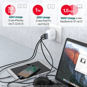 TRAVEL QUAD GaN 4 Ports 100W Charger with USB PD and QC 3.0 in White P1112AWH