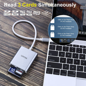 Unitek Lecteur de carte SD USB C en aluminium 3 emplacements USB 3.0 Type-C  pour appareil USB C, prend en charge la carte mémoire compacte SanDisk et