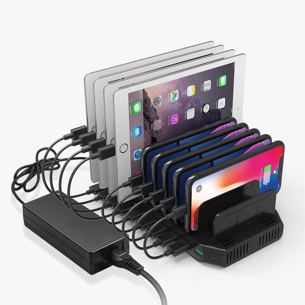 USB Charging Station 10 Port Black QC 3.0 96W