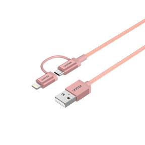 2-in-1 USB 2.0 - マイクロ USB マルチ充電ケーブル、ローズゴールドの Lightning アダプタ付き