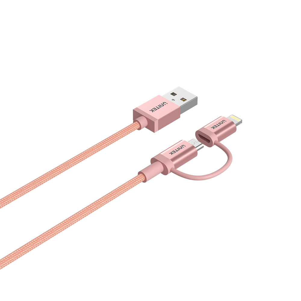 2-in-1 USB 2.0 - マイクロ USB マルチ充電ケーブル、ローズゴールドの Lightning アダプタ付き