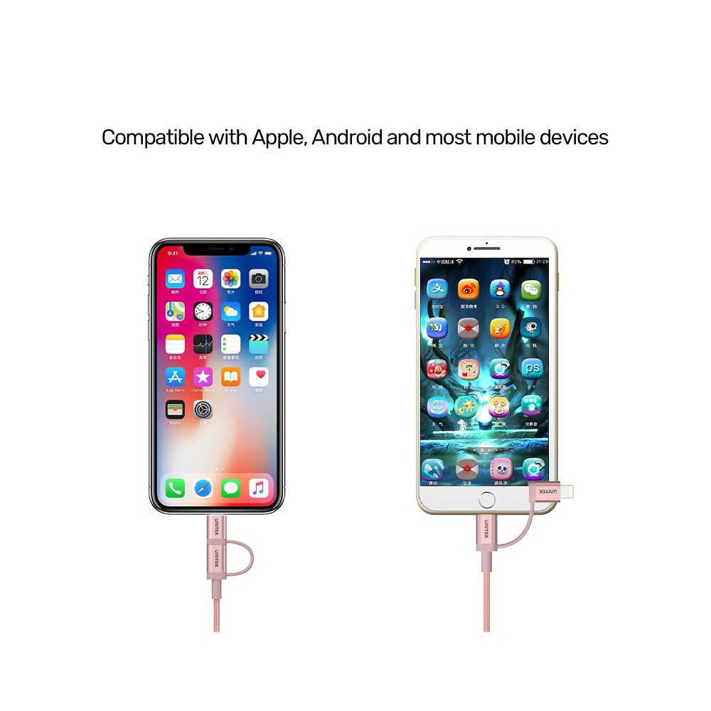 Cáp sạc đa năng 2 trong 1 USB 2.0 sang Micro USB có bộ chuyển đổi Lightning màu vàng hồng