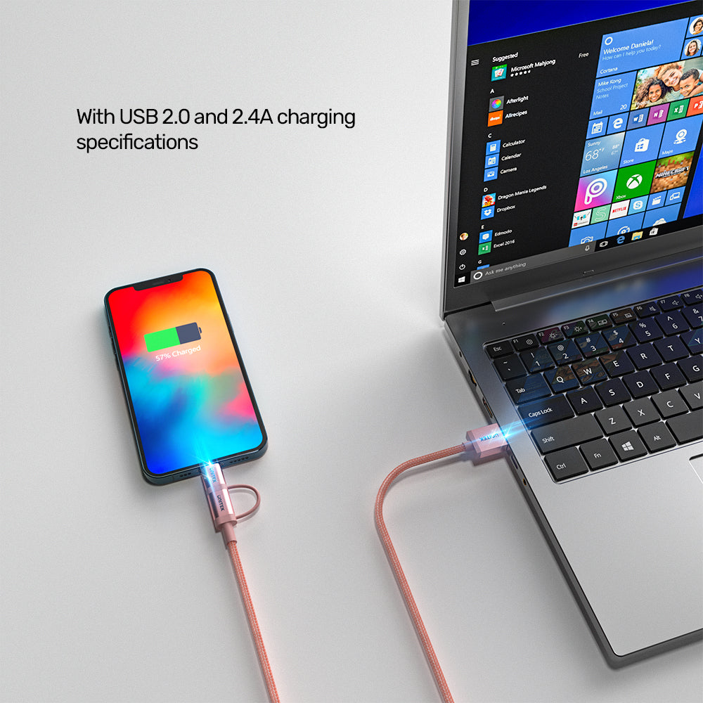 Cáp sạc đa năng 2 trong 1 USB 2.0 sang Micro USB có bộ chuyển đổi Lightning màu vàng hồng