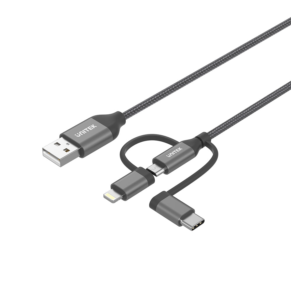 3-in-1 USB 2.0 to Micro USB Multi Charging Cable with USB-C/ Lightning Adapter in Grey