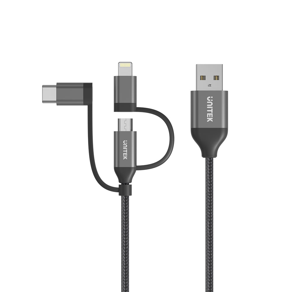 3-in-1 USB 2.0 to Micro USB Multi Charging Cable with USB-C/ Lightning Adapter in Grey