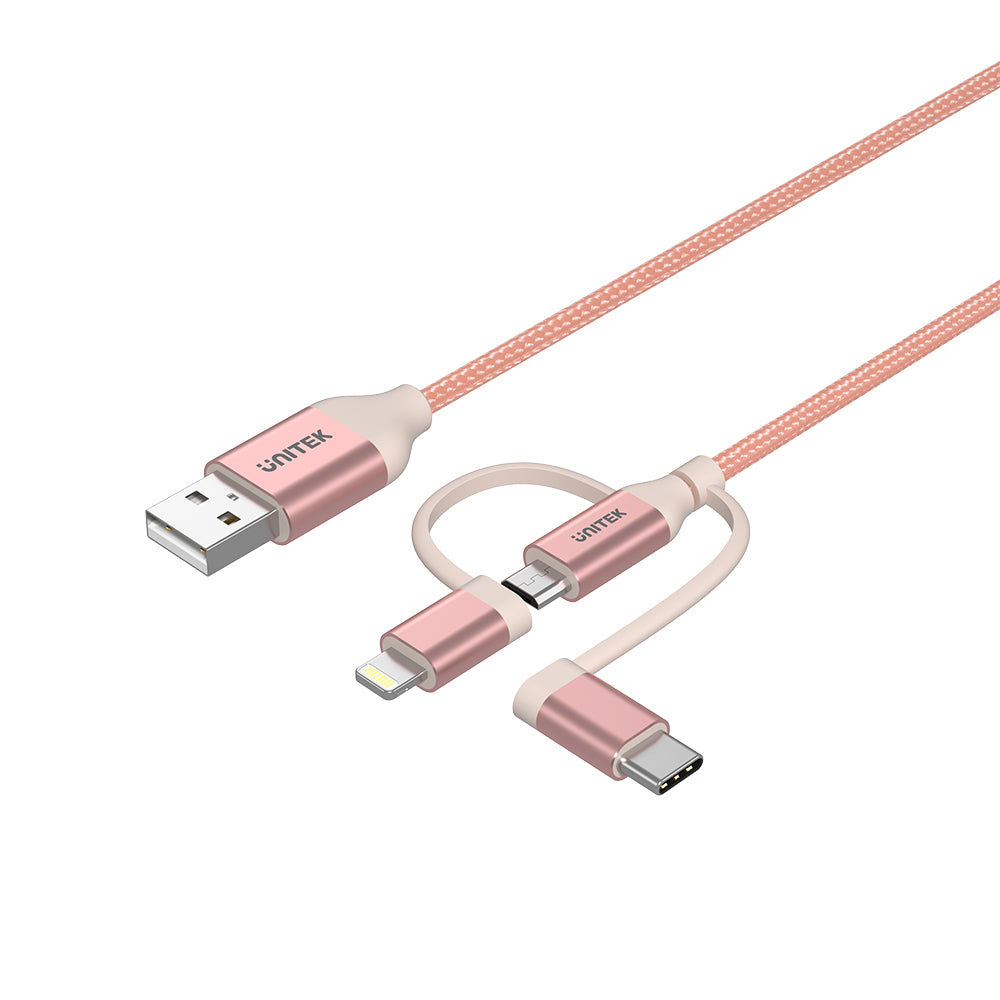 3-in-1 USB 2.0-마이크로 USB 멀티 충전 케이블 및 USB-C/라이트닝 어댑터(로즈 골드)